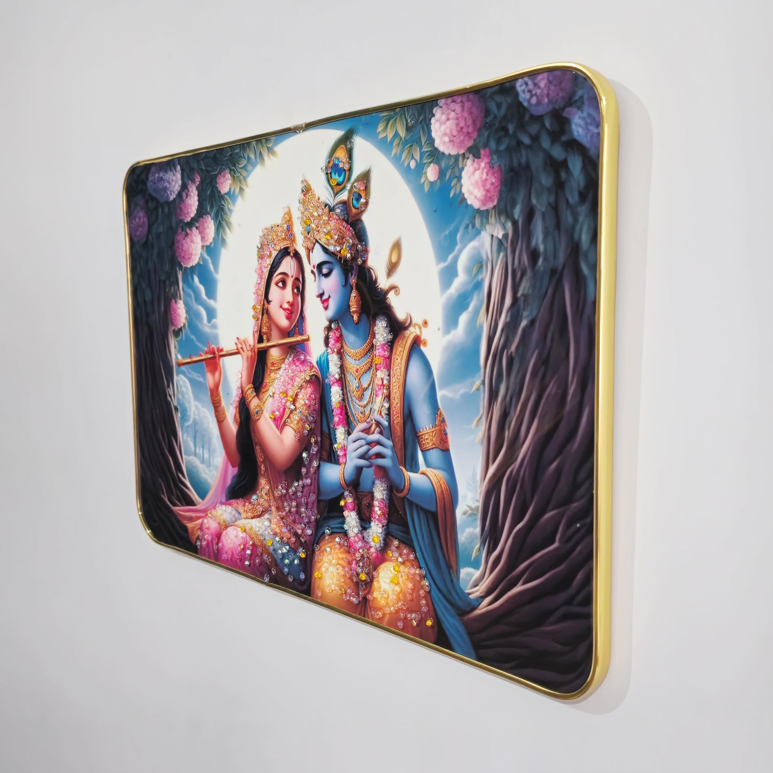 Masstone Radha Krishna Wall Painting  Crystal Embedded, High Gloss, Gold Slim Frame, 45X30Cm Wall Art For Living Room, Bedroom,